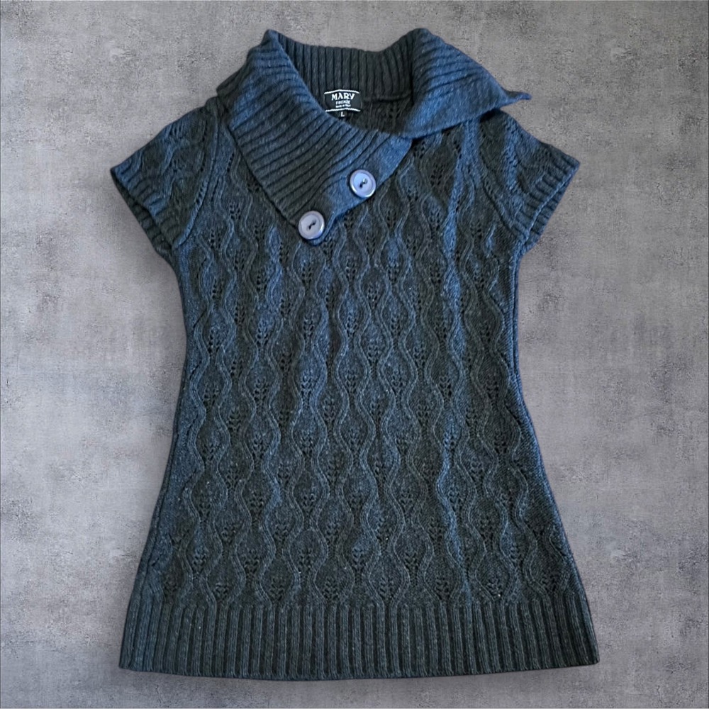 Mary Firenze Italy Womens Tunic Sweater SZ L Charcoal Gray Cap Sleeve Wool Blend